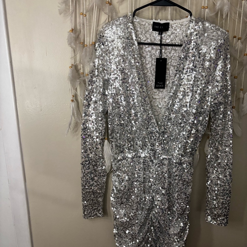 Silver Sequin Long Sleeve Dress